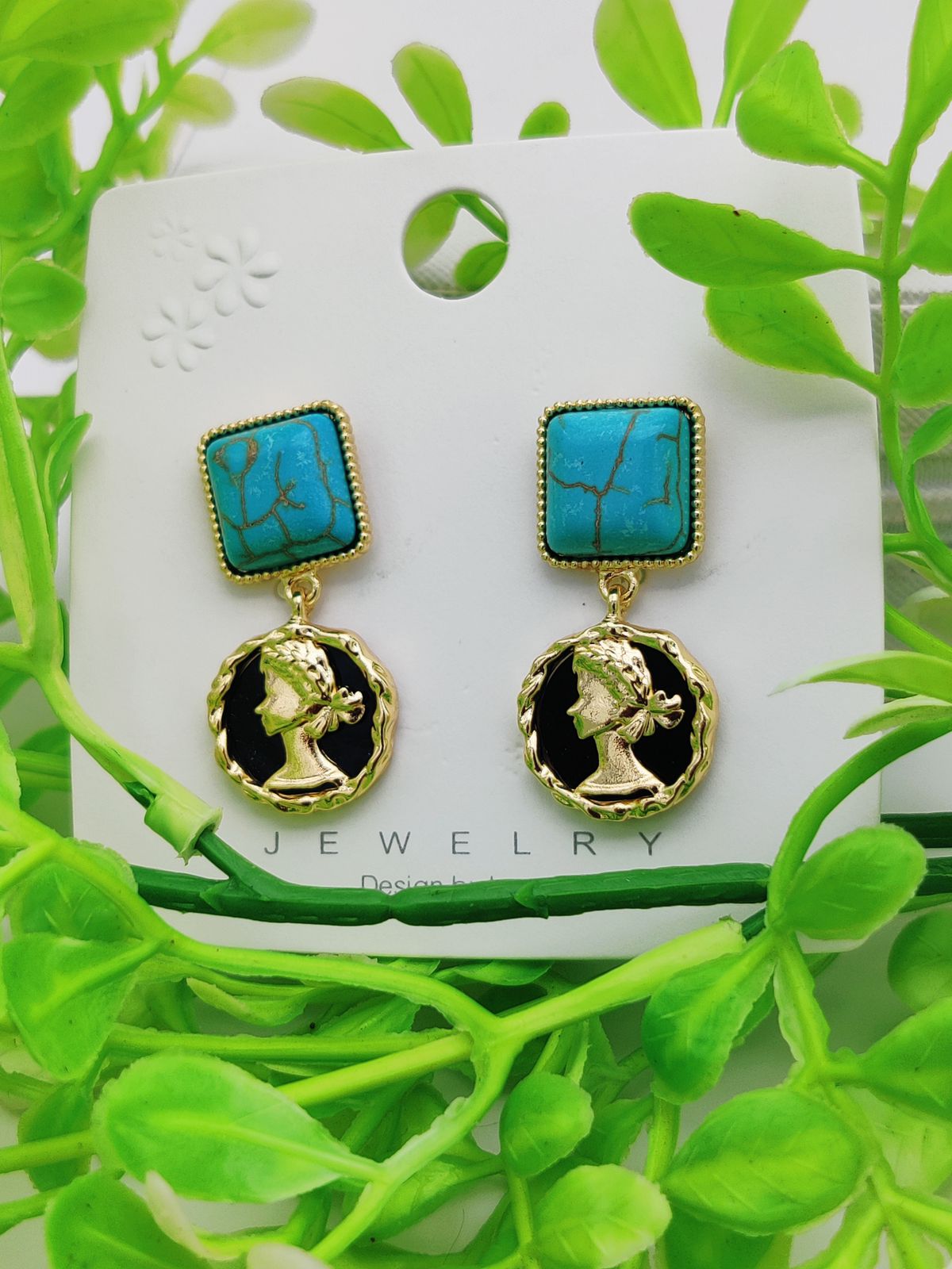 imported-turquoise-square-and-gold-roman-coin-dangle-earrings-best-earrings-for-girls_PD63